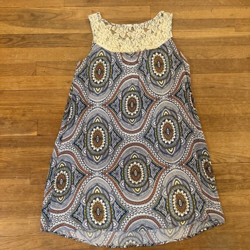 Orange blue mandala print sleeveless mini shift dress size small S
b56